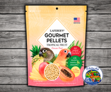 Lafeber Conure Tropical Fruit Gourmet Pellets made with natural fruit taste, papaya, mango, pineapple, vitamins, chelated minerals, and omega 3 and 6 fatty acids for conures, quakers, caiques, senegals, and similarly sized parrots.