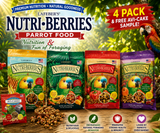 Lafeber Parrot Nutri-Berries 4 Pack with Garden Veggie, Tropical Fruit, El Paso, Sunny Orchard Nutri-Berries, and a free Classic Avi-Cake sample for parrots, macaws, cockatoos, and small parrots. Promo