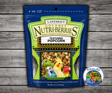 Lafeber Popcorn Nutri-Berries Cockatiel and Parakeet Food 4 Oz made with hulled canary grass seed, hulled white proso millet, popcorn, peanuts, red millet, caramel flavoring, vitamins, and minerals for small birds.