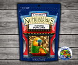 Lafeber Popcorn Nutri-Berries Parrot Food 4 Oz made with popcorn, cracked corn, hulled white proso millet, safflower, peanut splits, caramel flavoring, vitamins, and minerals for parrots.