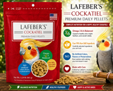 Lafeber Premium Daily Diet for Cockatiels 1.25 Lb pellet food made with ground non-GMO corn, soybean meal, wheat flour, oat groats, dried whole egg, vitamins, minerals, amino acids, and omega fatty acids for cockatiels, conures, quakers, and lovebirds. Promo