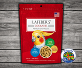 Lafeber Premium Daily Diet for Cockatiels 1.25 Lb pellet food made with ground non-GMO corn, soybean meal, wheat flour, oat groats, dried whole egg, vitamins, minerals, amino acids, and omega fatty acids for cockatiels, conures, quakers, and lovebirds.