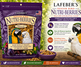 Lafeber Senior Bird Nutri-Berries Macaw and Cockatoo Food 10 Oz made with pellets, wholesome grains, dried dates, dried cranberries, dried plums, herbs, glucosamine sulfate, chondroitin sulfate, vitamins, and minerals for mature parrots. Promo