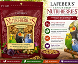 Lafeber Senior Bird Nutri-Berries Parakeet and Cockatiel Food 10 Oz made with 61% pellets, 26% wholesome grains, 13% fruits and herbs, dried dates, cranberries, plums, dandelion root, ginger, milk thistle, glucosamine sulfate, and chondroitin sulfate for senior small birds. Promo