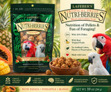Lafeber Tropical Fruit Nutri-Berries Macaw Food made with pineapple, papaya, mango, cracked corn, hulled white proso millet, safflower, red millet, peanut hearts, 26% pellets, vitamins, minerals, and omega fatty acids for macaws and cockatoos. 10 oz Promo