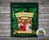 Lafeber Tropical Fruit Nutri-Berries Macaw Food made with pineapple, papaya, mango, cracked corn, hulled white proso millet, safflower, red millet, peanut hearts, 26% pellets, vitamins, minerals, and omega fatty acids for macaws and cockatoos. 10 oz bag