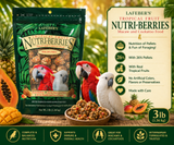 Lafeber Tropical Fruit Nutri-Berries Macaw Food made with pineapple, papaya, mango, cracked corn, hulled white proso millet, safflower, red millet, peanut hearts, 26% pellets, vitamins, minerals, and omega fatty acids for macaws and cockatoos. 3 lb Promo