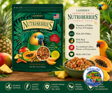Lafeber Tropical Fruit Nutri-Berries Parrot Food made with pineapple, papaya, mango, hulled white proso millet, safflower, red millet, peanut granules, 26% pellets, vitamins, minerals, and omega fatty acids for parrots. 10 oz bag Promo