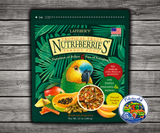 Lafeber Tropical Fruit Nutri-Berries Parrot Food made with pineapple, papaya, mango, hulled white proso millet, safflower, red millet, peanut granules, 26% pellets, vitamins, minerals, and omega fatty acids for parrots. 10 oz bag