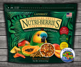 Lafeber Tropical Fruit Nutri-Berries Parrot Food made with pineapple, papaya, mango, hulled white proso millet, safflower, red millet, peanut granules, 26% pellets, vitamins, minerals, and omega fatty acids for parrots. 14 lb bag