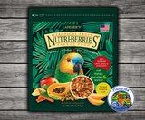 Lafeber Tropical Fruit Nutri-Berries Parrot Food made with pineapple, papaya, mango, hulled white proso millet, safflower, red millet, peanut granules, 26% pellets, vitamins, minerals, and omega fatty acids for parrots. 3 lb bag