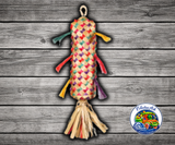 Planet Pleasures Pinata Spiked Bird Toy, a colorful hanging palm leaf pinata toy with bright streamers and fibers for chewing and shredding enrichment.