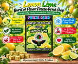 Lemon Lime Battered Burst of Flavor Freeze-Dried Chop parrot treat made with carrots, celery, green peppers, broccoli, cauliflower, kale, Red Delicious apples, Granny Smith apples, bananas, okra, green beans, corn, green peas, papaya, and carrot for all parrot species. Promotional Image 1