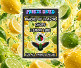 Lemon Lime Battered Burst of Flavor Freeze-Dried Chop parrot treat made with carrots, celery, green peppers, broccoli, cauliflower, kale, Red Delicious apples, Granny Smith apples, bananas, okra, green beans, corn, green peas, papaya, and carrot for all parrot species.