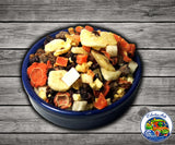 Dried mixed fruit and vegetable blend for parrots and pet birds.

