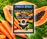 Papaya Carrot Burst of Flavor Freeze-Dried Chop parrot treat made with carrots, celery, green peppers, broccoli, cauliflower, kale, Red Delicious apples, Granny Smith apples, bananas, okra, green beans, corn, green peas, papaya, and carrot for all parrot species. Product Image