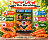 Papaya Carrot Burst of Flavor Freeze-Dried Chop parrot treat made with carrots, celery, green peppers, broccoli, cauliflower, kale, Red Delicious apples, Granny Smith apples, bananas, okra, green beans, corn, green peas, papaya, and carrot for all parrot species. Promotional Image 1