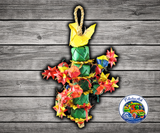 Planet Pleasures Bird Tower Bird Toy with five stuffed pinatas, stars, and smaller square pinatas for chewing and shredding enrichment for small parrots, cockatiels, little parrots, and medium to large parrots.