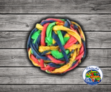 Planet Pleasures Catnip Filled String Ball made with colorful woven palm leaf strips and filled with catnip for fun cat play.