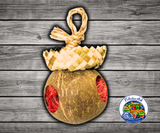 Planet Pleasures Coco Forage Mini Bird Toy made with palm leaves, abaca fiber, bamboo, coconut shell, and abaca rope with a refillable hollow center for snacks and treats.