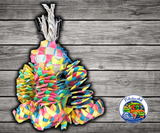 Planet Pleasures Diamond Bouncer Bird Toy, a shreddable palm leaf pinata toy with woven springs, four palm leaf bouncers, stars or woven donuts, and small, medium, large size options.