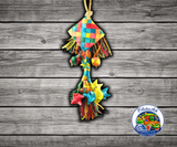 Planet Pleasures One Layer Rattle Bird Toy made with layered palm leaf, stuffed pinata stars, cylinders, and cubes for chewing and shredding enrichment.