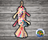 Planet Pleasures Pinata Spiked Bird Toy, a colorful hanging palm leaf pinata toy with bright streamers and fibers for chewing and shredding enrichment.