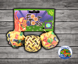 Planet Pleasures Woven Square Foot Toy 3 pack made from palm leaf and stuffed with shredding material for parrots to hold, chew, pull apart, and shred.