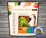 Roudybush California Blend Medium pellet bird food with dried peaches, apricots, plums, bell peppers, carrots, tomatoes, cabbage, and Daily Maintenance pellets for parrots, cockatoos, macaws, and conures. 10 lb bag