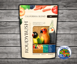 Roudybush California Blend Mini pellet bird food with dried peaches, apricots, plums, bell peppers, carrots, tomatoes, cabbage, and Daily Maintenance pellets for small parrots, conures, cockatiels, and lovebirds. 10 lb bag