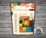 Roudybush California Blend Mini pellet bird food with dried peaches, apricots, plums, bell peppers, carrots, tomatoes, cabbage, and Daily Maintenance pellets for small parrots, conures, cockatiels, and lovebirds. 44 oz bag