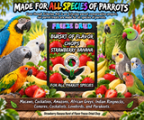 Strawberry Banana Burst of Flavor Freeze-Dried Chop parrot treat made with carrots, celery, green peppers, broccoli, cauliflower, kale, Red Delicious apples, Granny Smith apples, bananas, okra, green beans, corn, green peas, papaya, and carrot for all parrot species. Promotional Image 1
