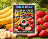 Strawberry Banana Burst of Flavor Freeze-Dried Chop parrot treat made with carrots, celery, green peppers, broccoli, cauliflower, kale, Red Delicious apples, Granny Smith apples, bananas, okra, green beans, corn, green peas, papaya, and carrot for all parrot species.