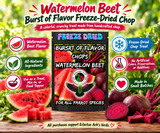 Watermelon Beet Burst of Flavor Freeze-Dried Chop parrot treat made with carrots, celery, green peppers, broccoli, cauliflower, kale, Red Delicious apples, Granny Smith apples, bananas, okra, green beans, corn, green peas, papaya, and carrot for all parrot species. Promotional Image 1