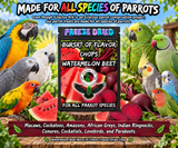 Watermelon Beet Burst of Flavor Freeze-Dried Chop parrot treat made with carrots, celery, green peppers, broccoli, cauliflower, kale, Red Delicious apples, Granny Smith apples, bananas, okra, green beans, corn, green peas, papaya, and carrot for all parrot species. Promotional Image 2