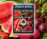 Watermelon Beet Burst of Flavor Freeze-Dried Chop parrot treat made with carrots, celery, green peppers, broccoli, cauliflower, kale, Red Delicious apples, Granny Smith apples, bananas, okra, green beans, corn, green peas, papaya, and carrot for all parrot species.