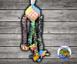 Planet Pleasures Diamond Bouncer Bird Toy, a shreddable palm leaf pinata toy with woven springs, four palm leaf bouncers, stars or woven donuts, and small, medium, large size options.