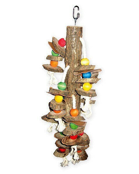 Parrot Toy with hanging wood cylinders.